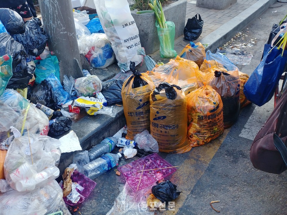 무차별 투척되는 쓰레기속에 음식물 쓰레기는 음식물 규격 봉투에 침출수와 함께 버려지고 있다